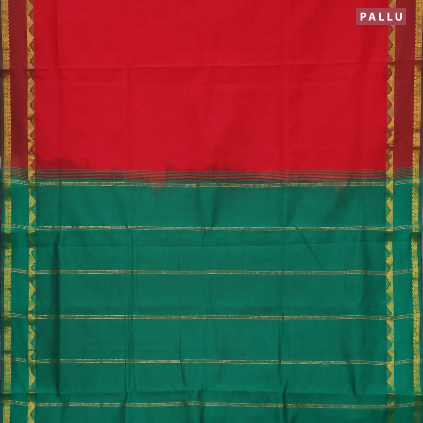 10 Yards poly cotton saree red and green with plain body and rettapet zari woven border