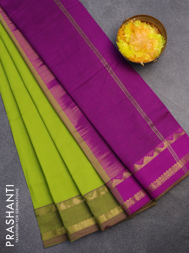 10 Yards poly cotton saree light green and purple with plain body and rettapet zari woven border