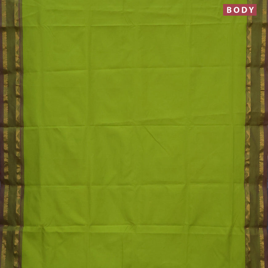 10 Yards poly cotton saree light green and purple with plain body and rettapet zari woven border