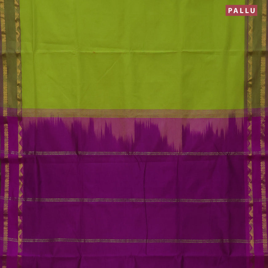 10 Yards poly cotton saree light green and purple with plain body and rettapet zari woven border