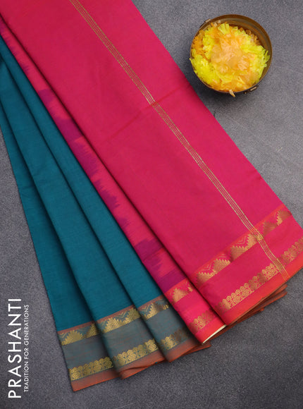 10 Yards poly cotton saree peacock green and candy pink with plain body and rettapet zari woven border