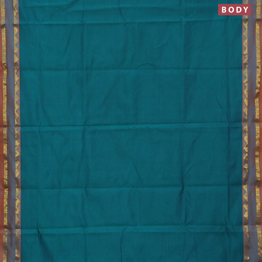 10 Yards poly cotton saree peacock green and candy pink with plain body and rettapet zari woven border