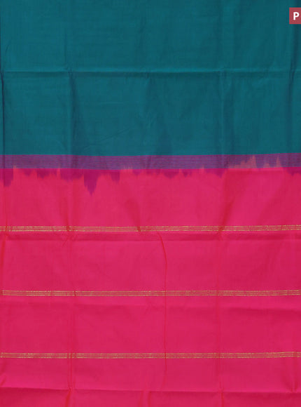 10 Yards poly cotton saree peacock green and candy pink with plain body and rettapet zari woven border