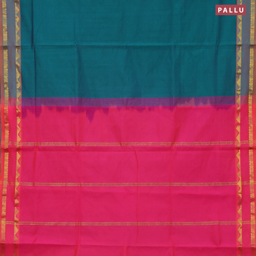 10 Yards poly cotton saree peacock green and candy pink with plain body and rettapet zari woven border