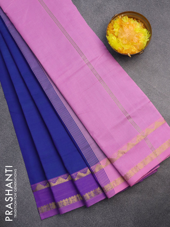 10 Yards poly cotton saree dual shade of blue and light pink with plain body and rettapet zari woven border