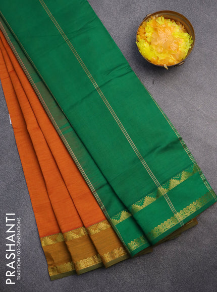 10 Yards poly cotton saree dual shade of mango yellow and green with plain body and rettapet zari woven border