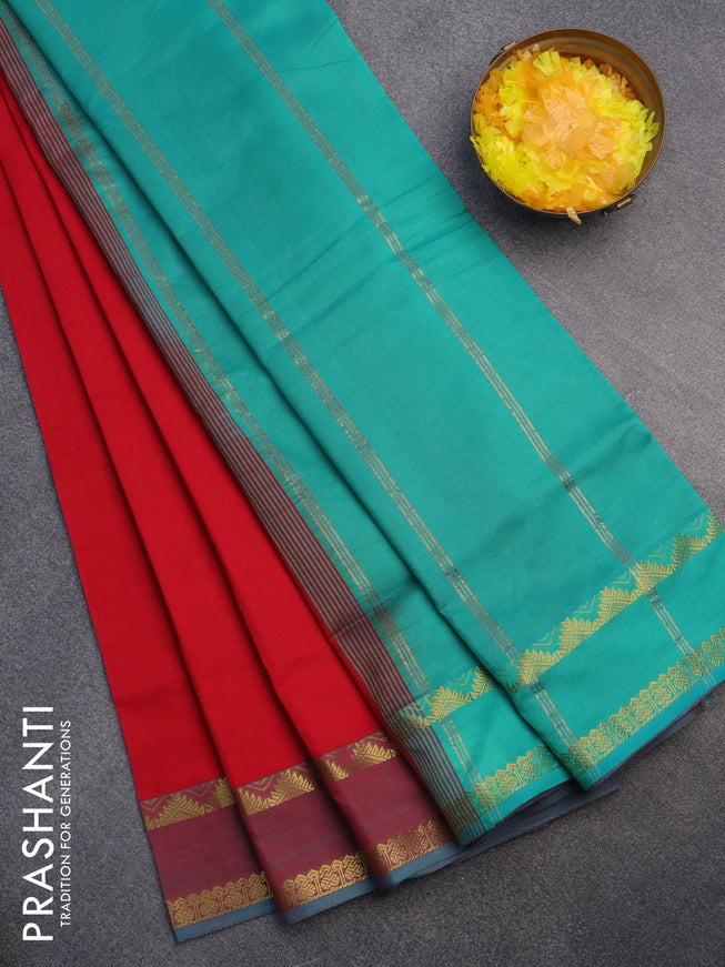 10 Yards poly cotton saree red and teal green shade with plain body and rettapet zari woven border