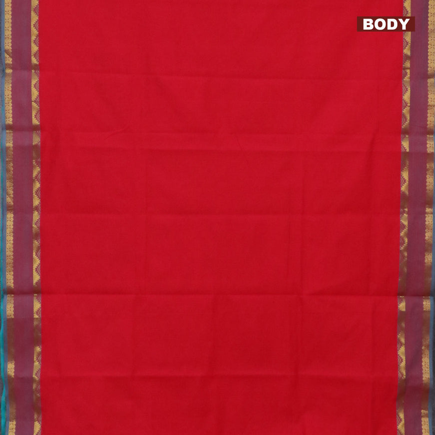 10 Yards poly cotton saree red and teal green shade with plain body and rettapet zari woven border