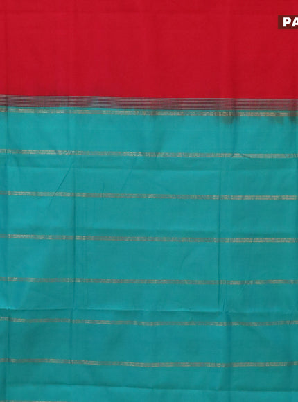 10 Yards poly cotton saree red and teal green shade with plain body and rettapet zari woven border