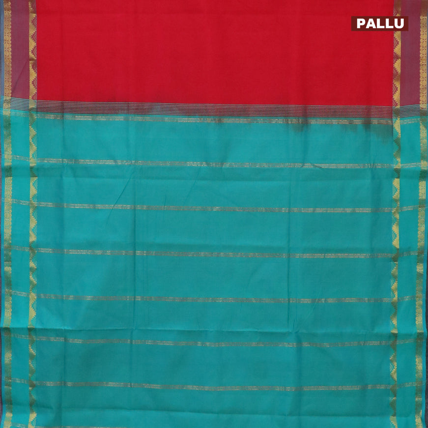 10 Yards poly cotton saree red and teal green shade with plain body and rettapet zari woven border