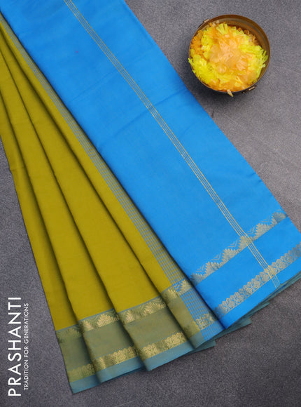 10 Yards poly cotton saree lime yellow and cs blue with plain body and rettapet zari woven border