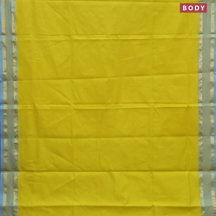 10 Yards poly cotton saree lime yellow and cs blue with plain body and rettapet zari woven border