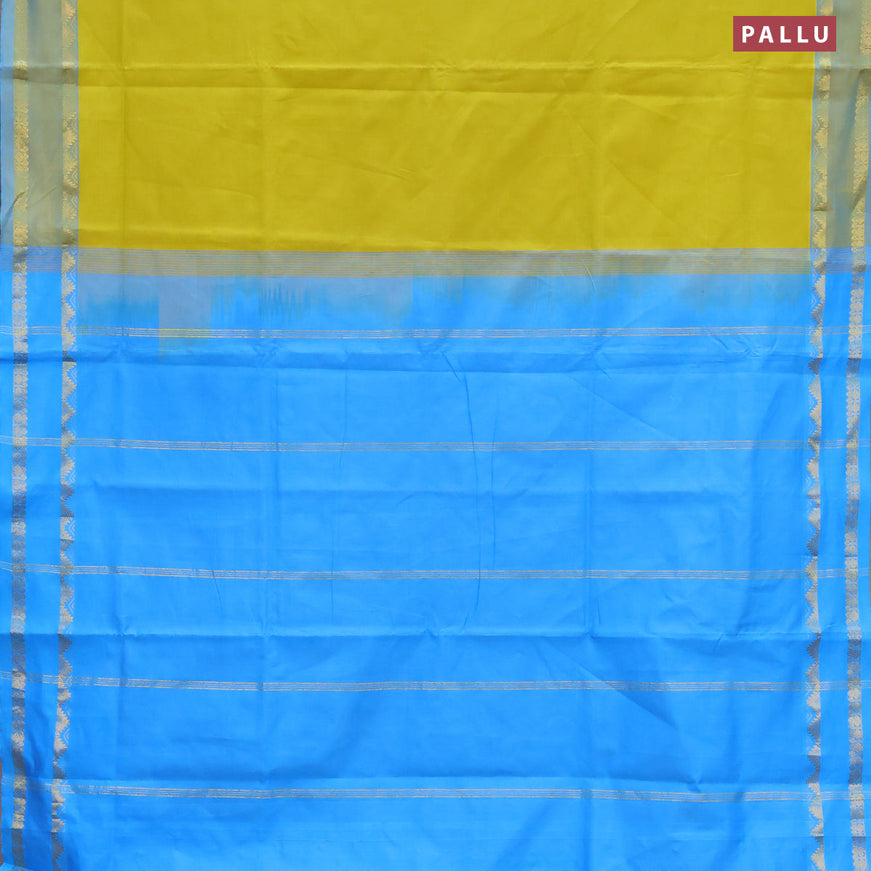 10 Yards poly cotton saree lime yellow and cs blue with plain body and rettapet zari woven border