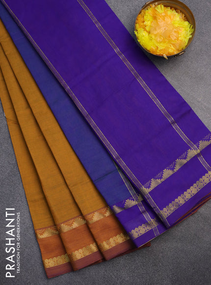 10 Yards poly cotton saree mustard yellow and blue with plain body and rettapet zari woven border