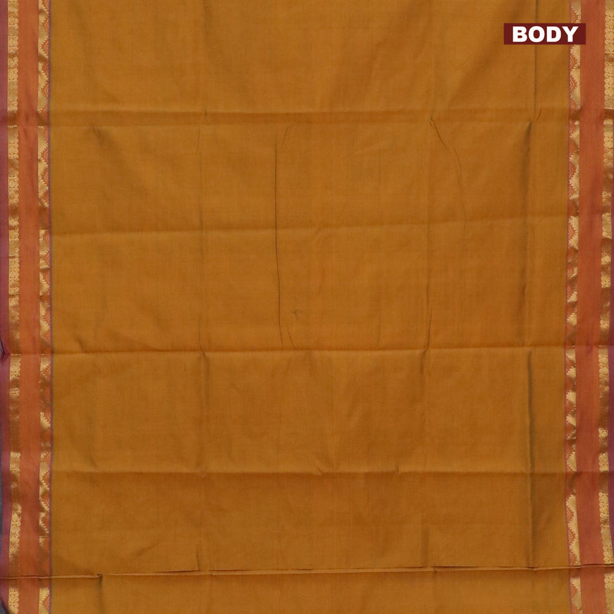 10 Yards poly cotton saree mustard yellow and blue with plain body and rettapet zari woven border