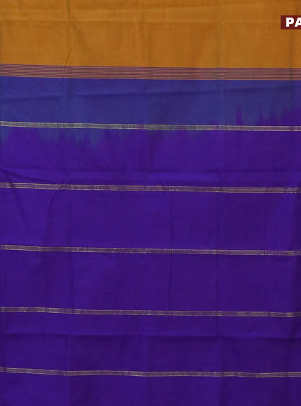 10 Yards poly cotton saree mustard yellow and blue with plain body and rettapet zari woven border