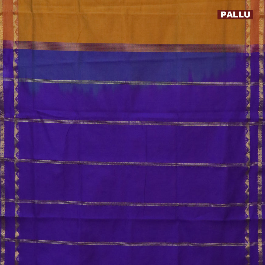 10 Yards poly cotton saree mustard yellow and blue with plain body and rettapet zari woven border