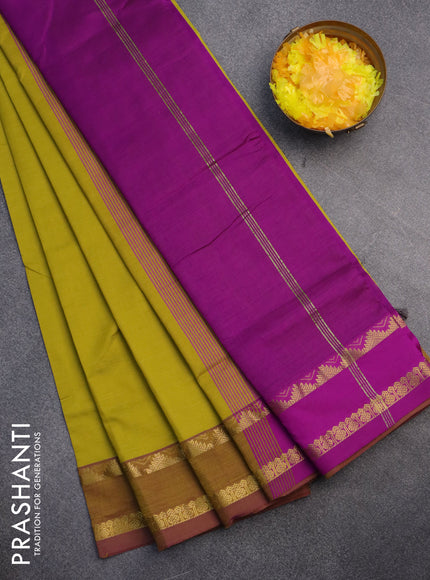 10 Yards poly cotton saree lime green and purple with plain body and rettapet zari woven border