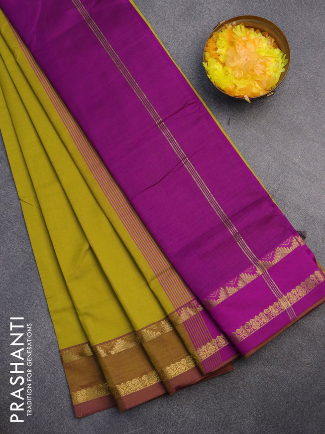 10 Yards poly cotton saree lime green and purple with plain body and rettapet zari woven border