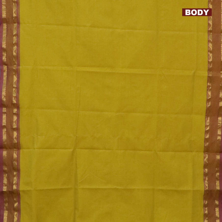 10 Yards poly cotton saree lime green and purple with plain body and rettapet zari woven border