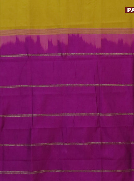 10 Yards poly cotton saree lime green and purple with plain body and rettapet zari woven border