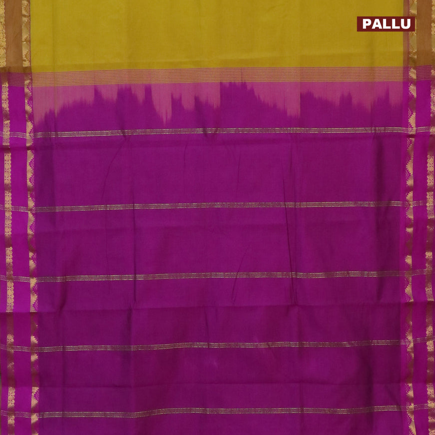 10 Yards poly cotton saree lime green and purple with plain body and rettapet zari woven border