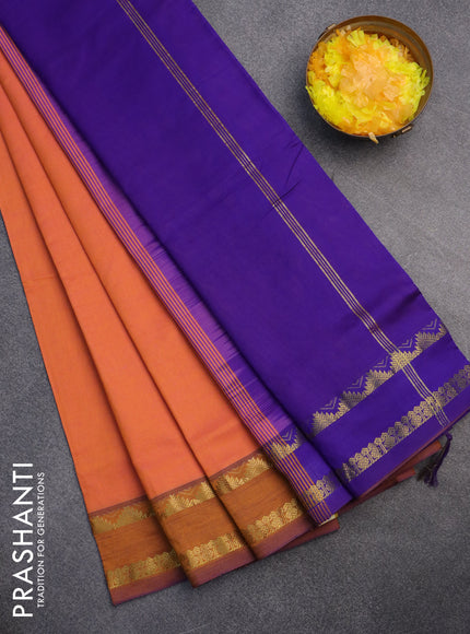 10 Yards poly cotton saree dual shade of pinkish orange and violet with plain body and rettapet zari woven border