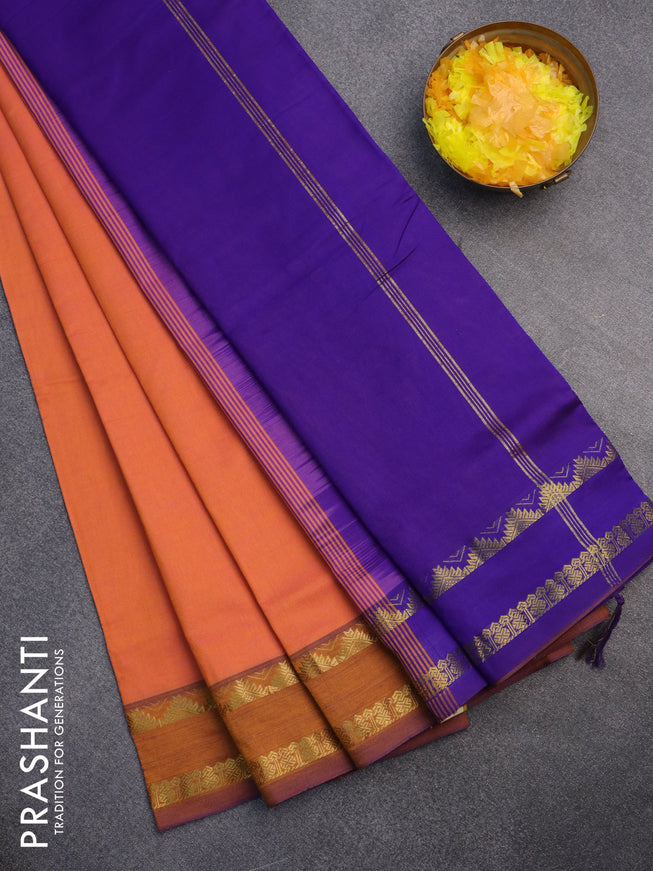 10 Yards poly cotton saree dual shade of pinkish orange and violet with plain body and rettapet zari woven border