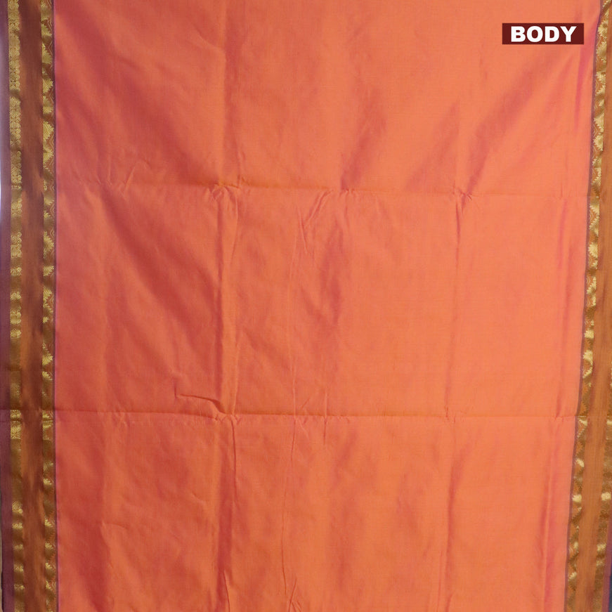 10 Yards poly cotton saree dual shade of pinkish orange and violet with plain body and rettapet zari woven border