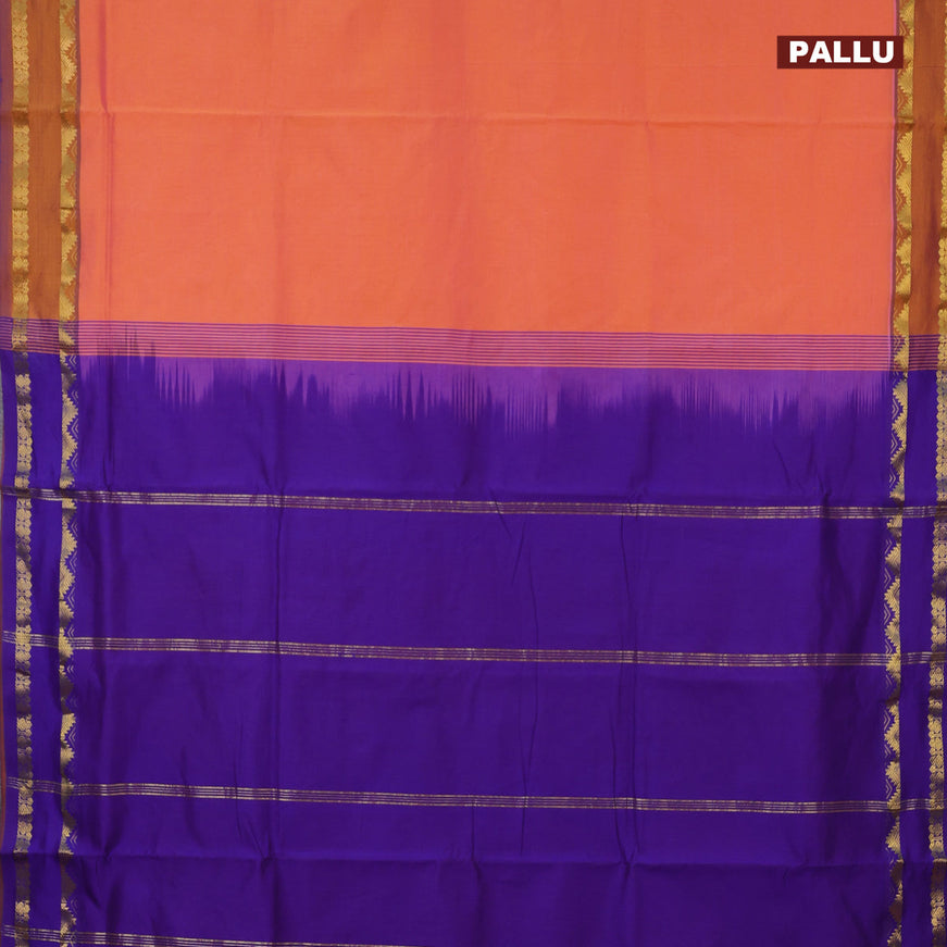 10 Yards poly cotton saree dual shade of pinkish orange and violet with plain body and rettapet zari woven border