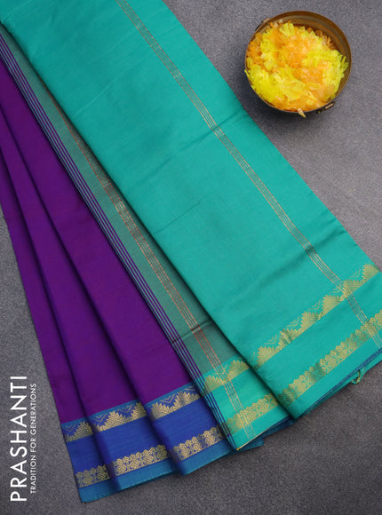 10 Yards poly cotton saree dual shade of purple and teal blue shade with plain body and rettapet zari woven border