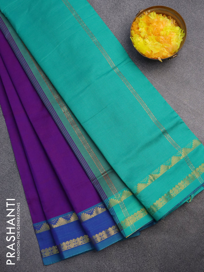 10 Yards poly cotton saree dual shade of purple and teal blue shade with plain body and rettapet zari woven border