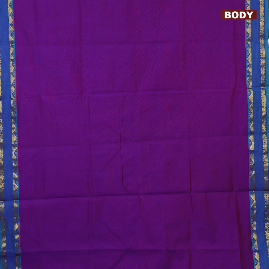 10 Yards poly cotton saree dual shade of purple and teal blue shade with plain body and rettapet zari woven border