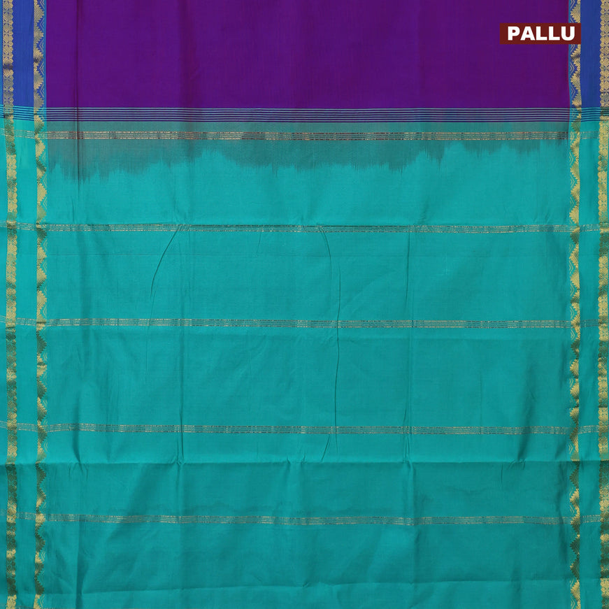 10 Yards poly cotton saree dual shade of purple and teal blue shade with plain body and rettapet zari woven border