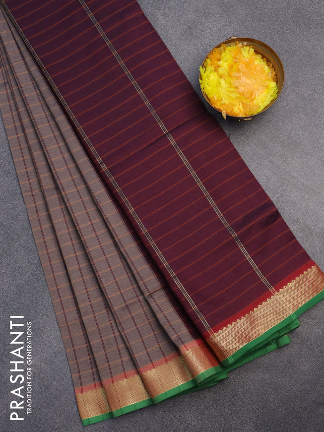 10 Yards poly cotton saree grey shade and deep maroon with allover checked pattern and zari woven border