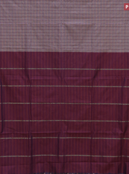 10 Yards poly cotton saree grey shade and deep maroon with allover checked pattern and zari woven border