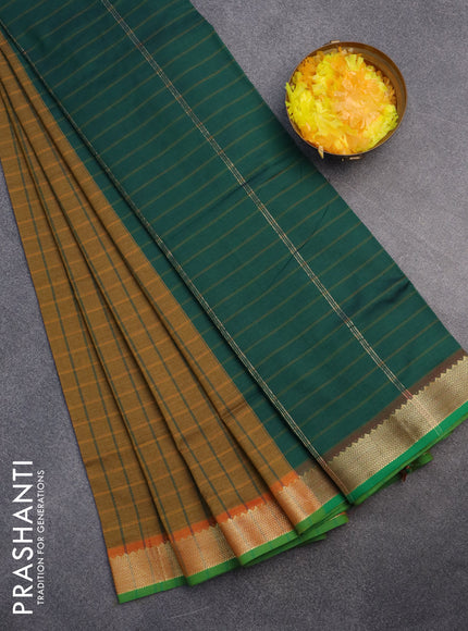 10 Yards poly cotton saree mustard yellow and dark green with allover checked pattern and zari woven border