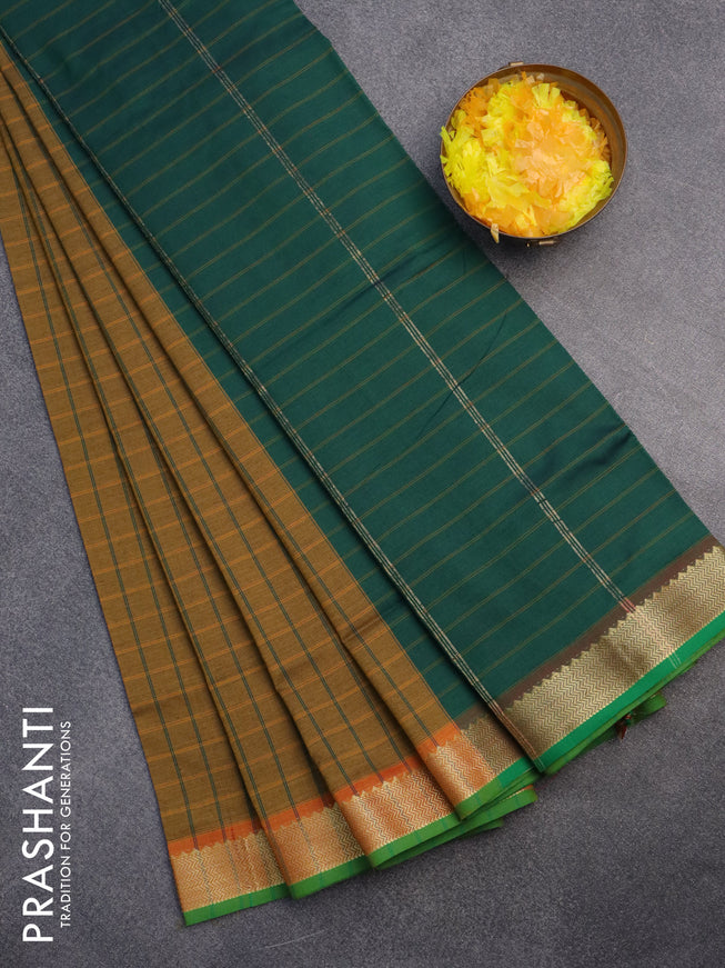 10 Yards poly cotton saree mustard yellow and dark green with allover checked pattern and zari woven border