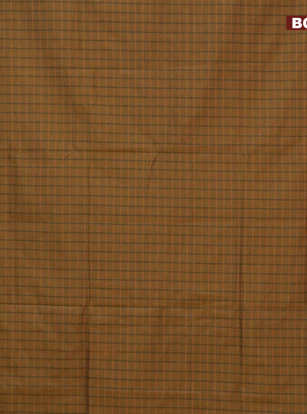 10 Yards poly cotton saree mustard yellow and dark green with allover checked pattern and zari woven border