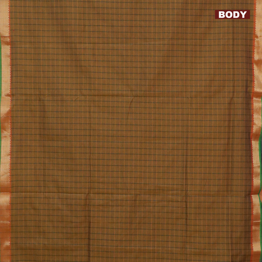 10 Yards poly cotton saree mustard yellow and dark green with allover checked pattern and zari woven border