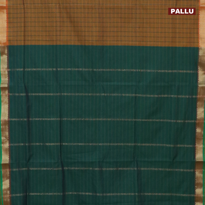 10 Yards poly cotton saree mustard yellow and dark green with allover checked pattern and zari woven border