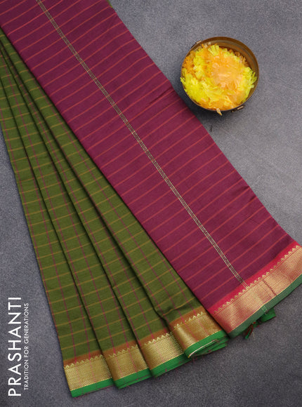 10 Yards poly cotton saree sap green and wine shade with allover checked pattern and zari woven border