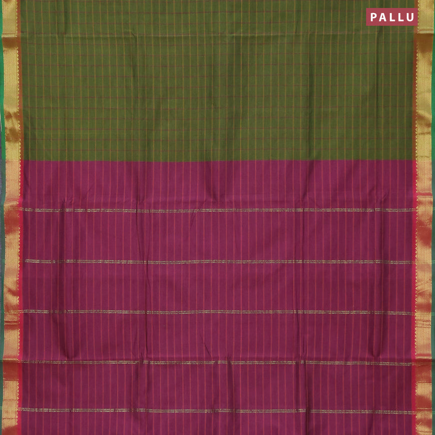 10 Yards poly cotton saree sap green and wine shade with allover checked pattern and zari woven border