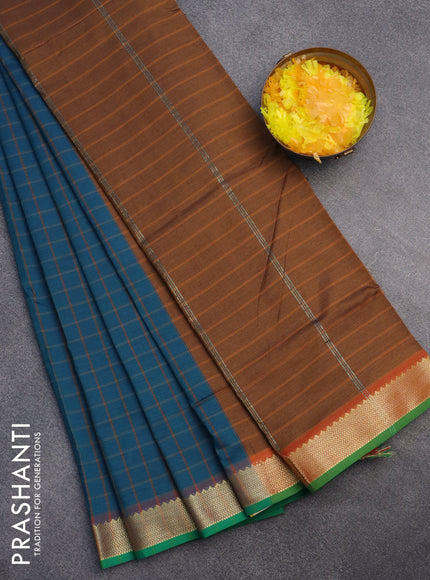 10 Yards poly cotton saree peacock blue and rust shade with allover checked pattern and zari woven border