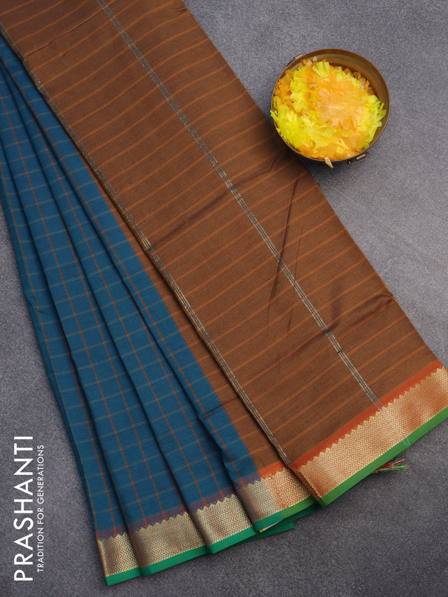 10 Yards poly cotton saree peacock blue and rust shade with allover checked pattern and zari woven border