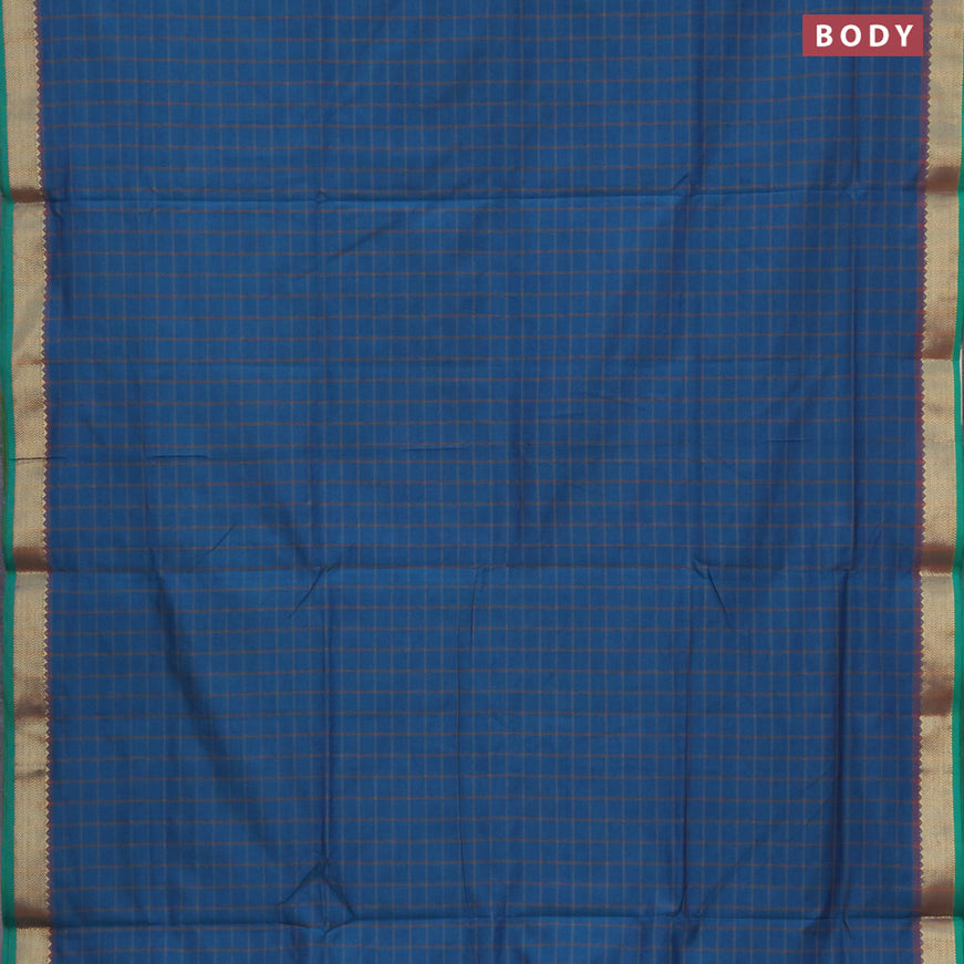 10 Yards poly cotton saree peacock blue and rust shade with allover checked pattern and zari woven border