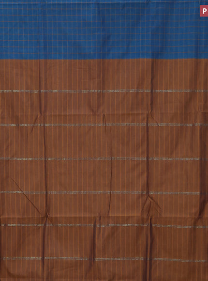 10 Yards poly cotton saree peacock blue and rust shade with allover checked pattern and zari woven border