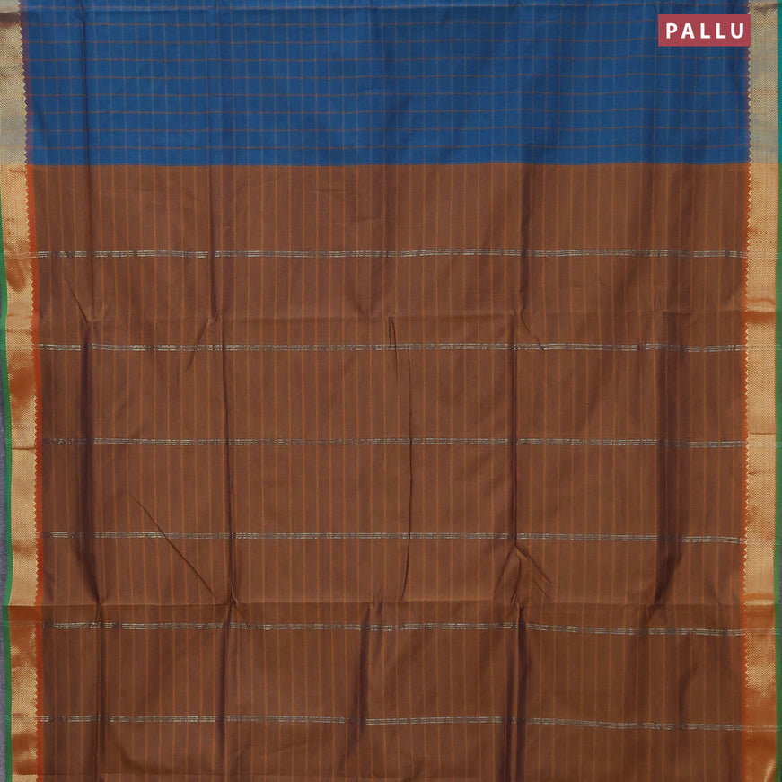 10 Yards poly cotton saree peacock blue and rust shade with allover checked pattern and zari woven border