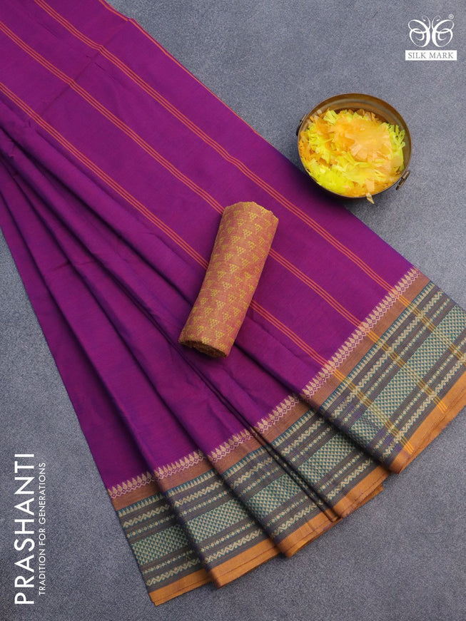 10 Yards chettinad cotton saree purple and mustard shade with plain body and thread woven border & woven blouse