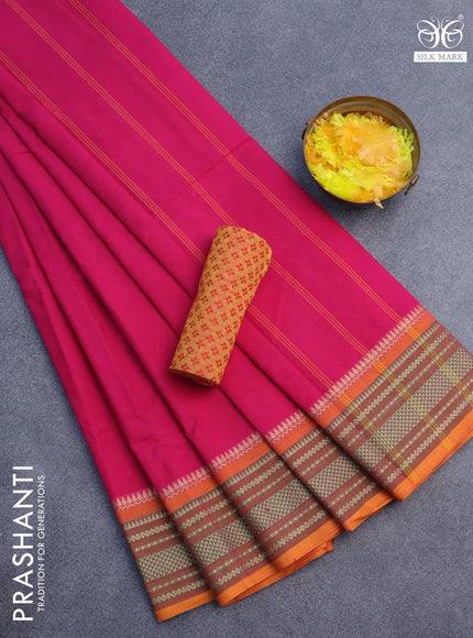 10 Yards chettinad cotton saree pink and orange with plain body and thread woven border & woven blouse